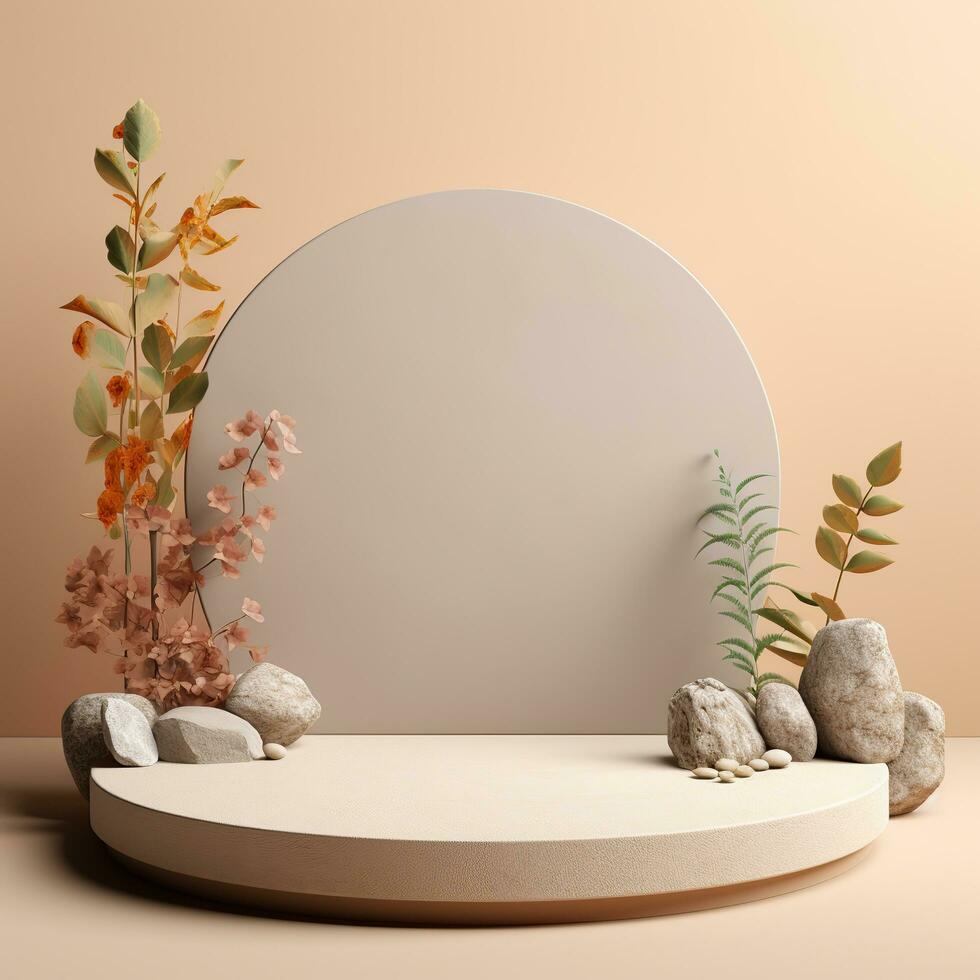 Empty podium made of pastel beige pink stone. Scene, stand with flowers. Generative AI photo