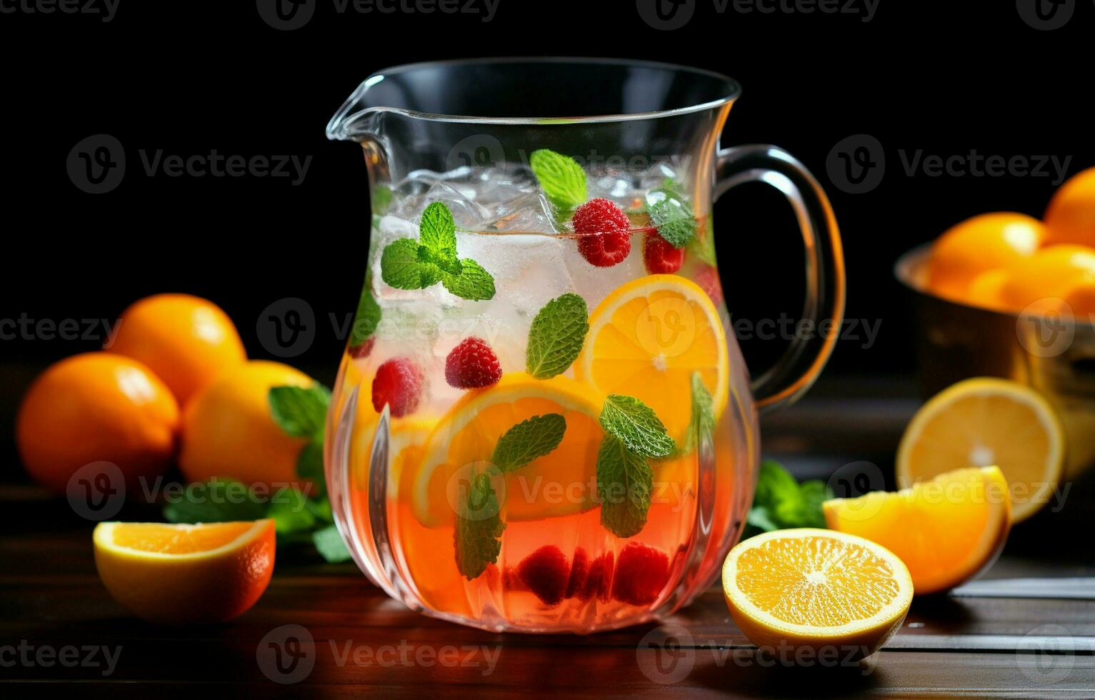 Orange, lime, and champagne fruit punch on ice Fruit Punch in carafe. AI Generative photo