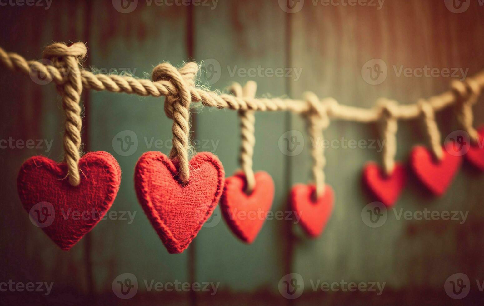 Red hearts on rope with clothespins, on a white wooden background. Place for text, copy space. AI Generative photo