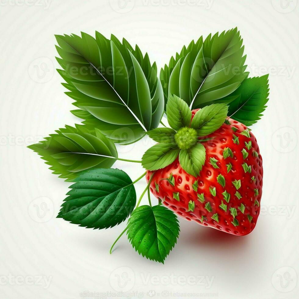 Strawberry with leaves white background fruit healthy fresh green leaves red. AI Generative photo