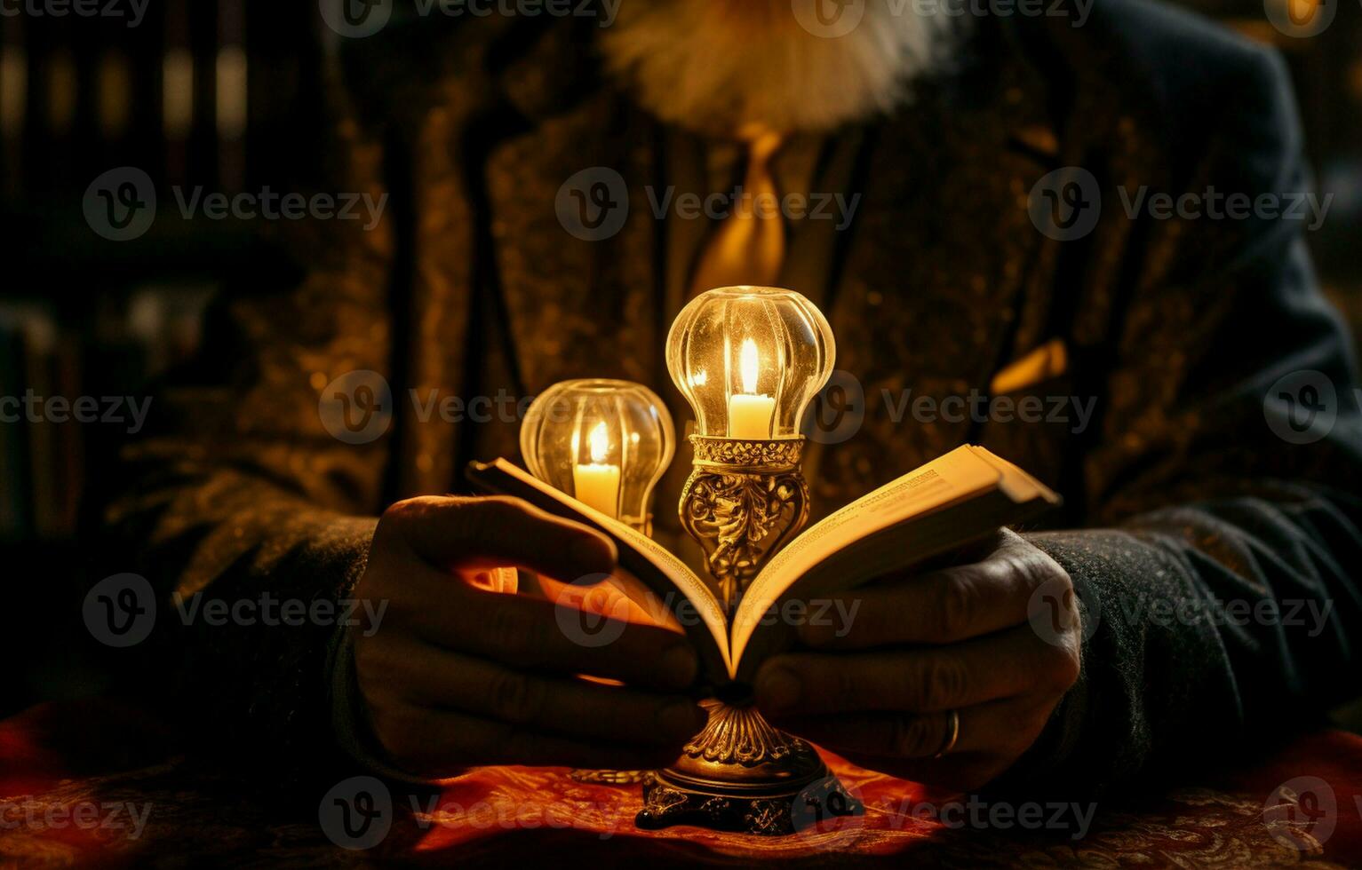 A hand holds a book in a dimly lit room, illuminated by a lamp. AI Generative photo