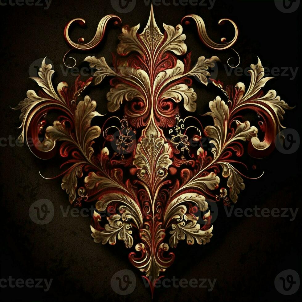 Shining red floral jewelry brocade textile metallic shine pattern art concept old new style design ornate on a dark background. AI Generative photo