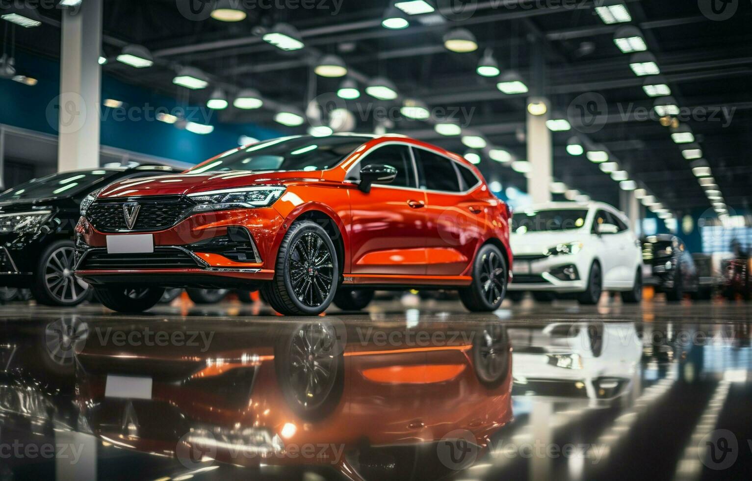 trendy bright auto show A large number of brand-new automobiles are parked in the car dealers' warehouse, which has a contemporary design and mirrors. AI Generative photo