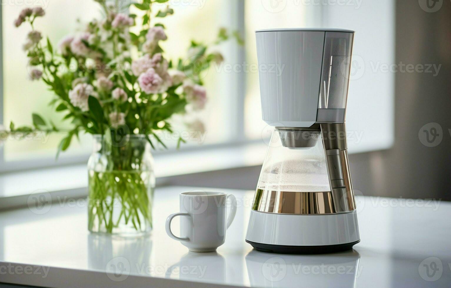 Coffee maker, and a cup of coffee on a modern white kitchen tabletop, countertop with copy space. This is set against a blurred backdrop of a modern, elegant, bright kitchen. AI Generative photo