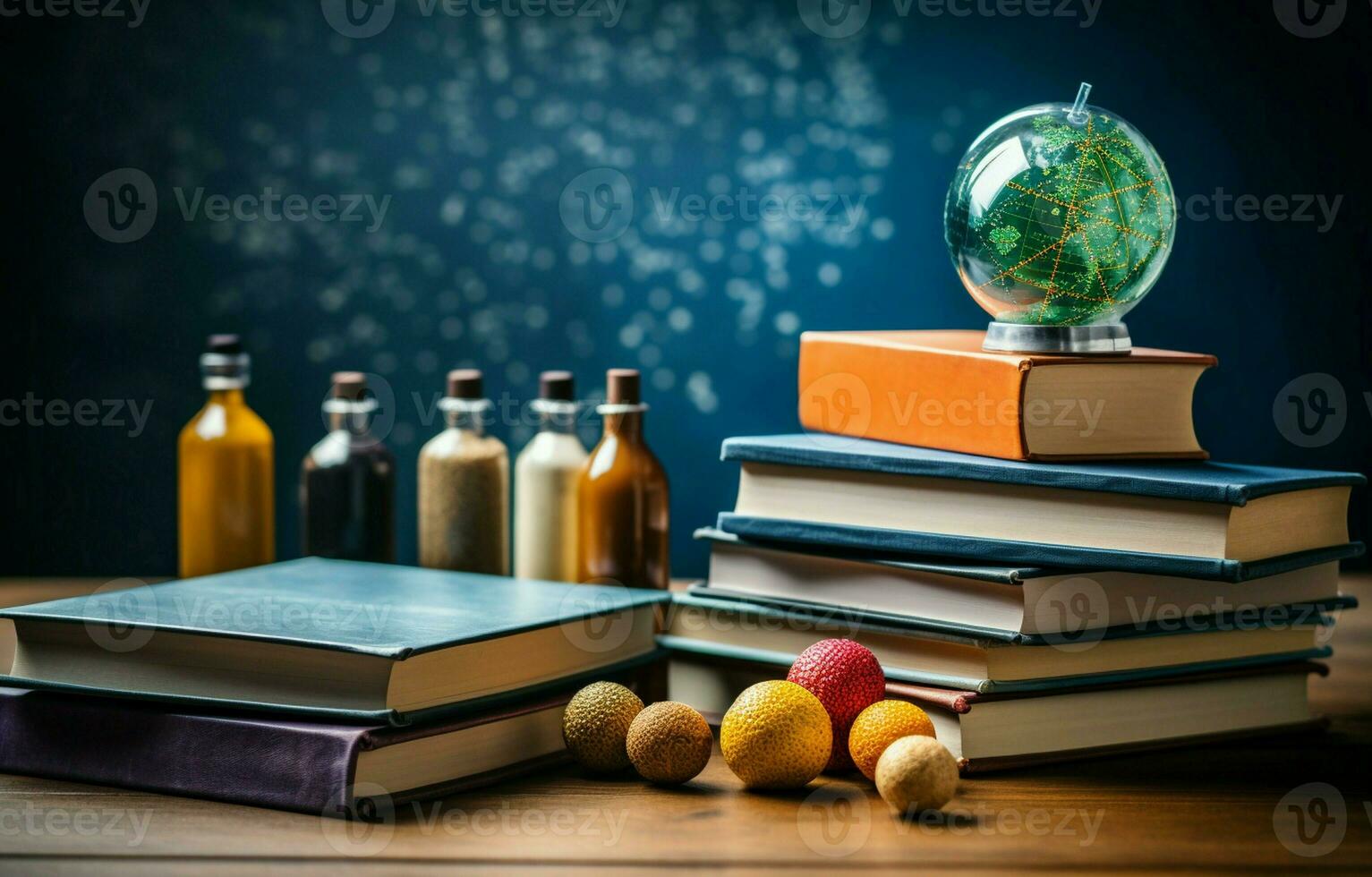 Books on the table against a backdrop of chalkboard graphs and charts depicting growth and fall. School of business education. AI Generative photo