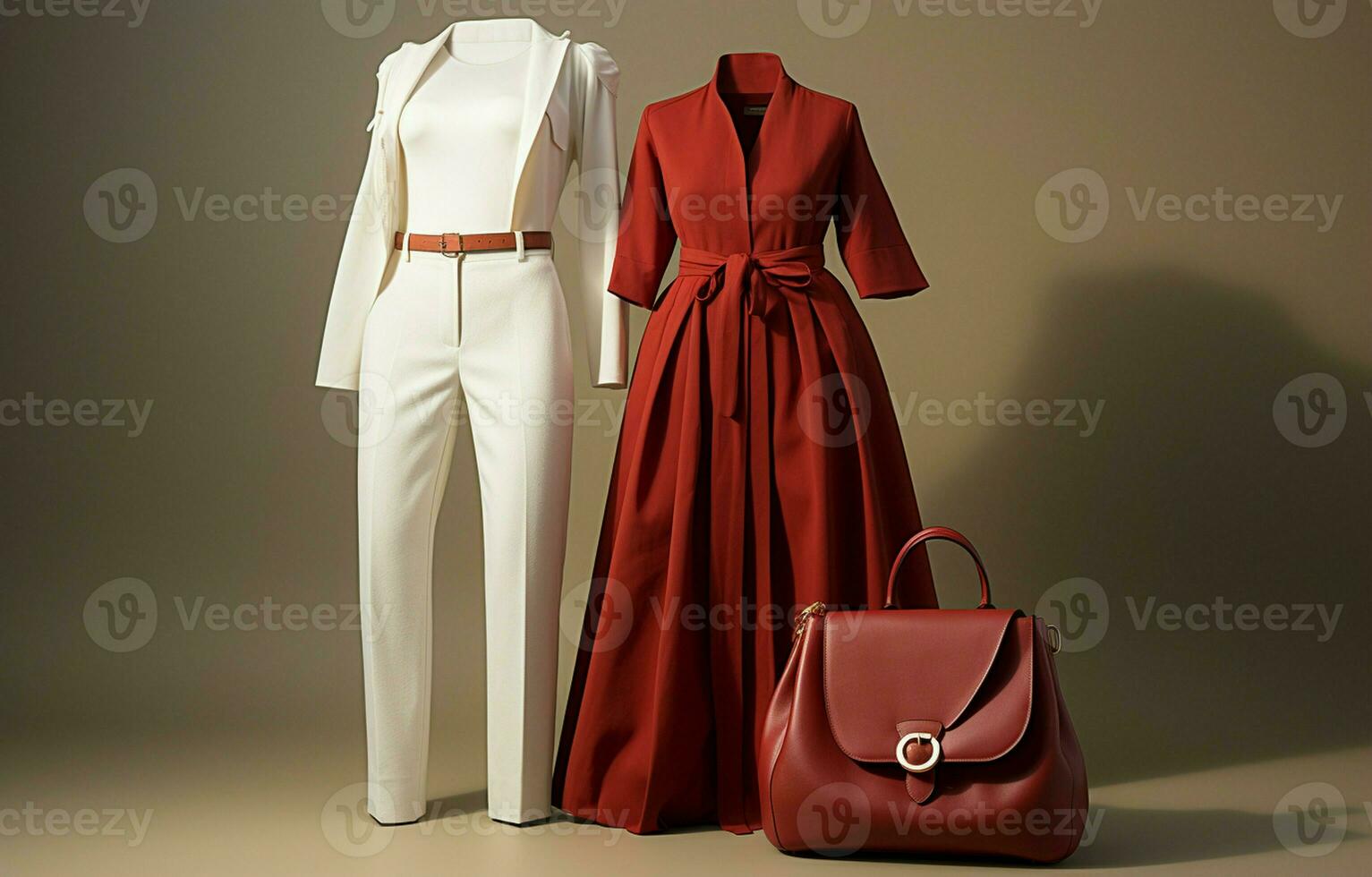 Modern woman's attire consisting of a red jacket, trousers, and a white geometric bag. AI Generative photo