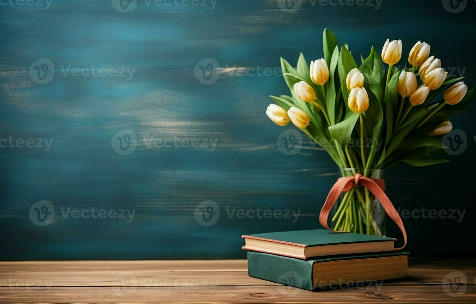 Holiday greeting icon for Teacher's Day. The concept of education knowledg. AI Generativee day. A wooden chalk board frame and a flower bouquet sit on a table with an empty copy area. photo