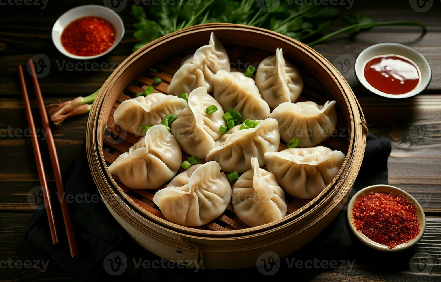 Traditional Chinese Dumplings are served on a table with a raw hardwood background in a steamer made of bamboo and wood. AI Generative photo