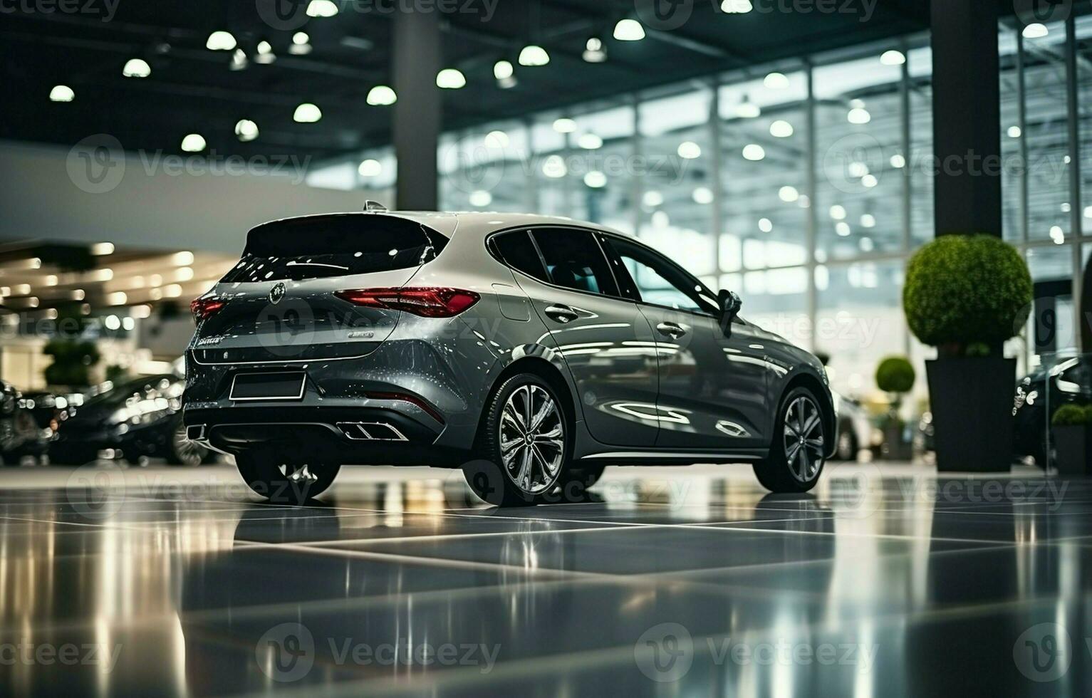 Grey automobile with selective focus parked in the opulent showroom. office of a car business. In a modern dealership, a new car is parked. The concept for a car rental and sales firm. AI Generative photo