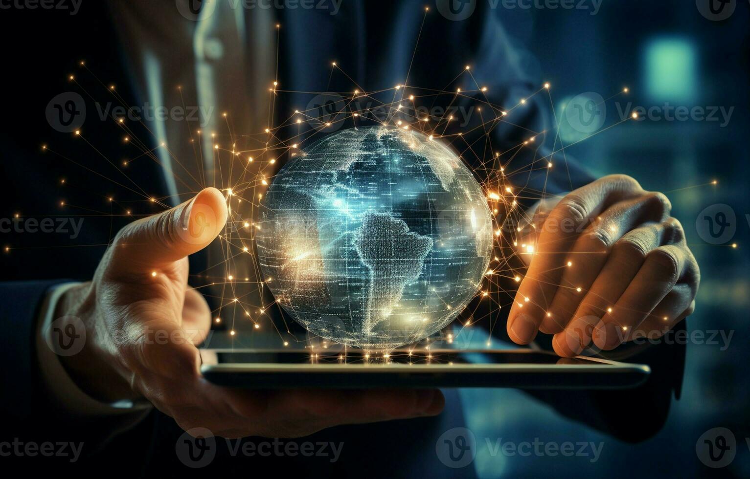 Hands, business, and tablet for SEO hologram, networking, and 3D global graphic research. Overlay of a worker, person, or digital technology of the globe for a search engine. AI Generative photo