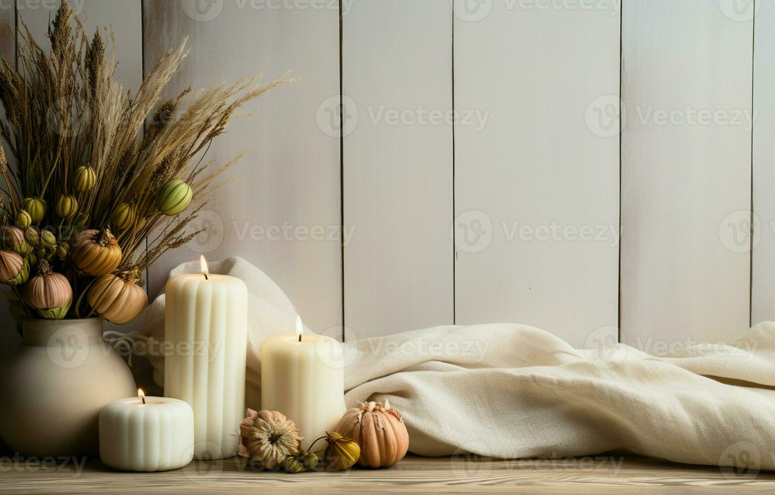 White pumpkins, a sweater, a candle, and natural decor create a cozy fall corner border. Aerial perspective on a rustic white wood banner background. AI Generative photo
