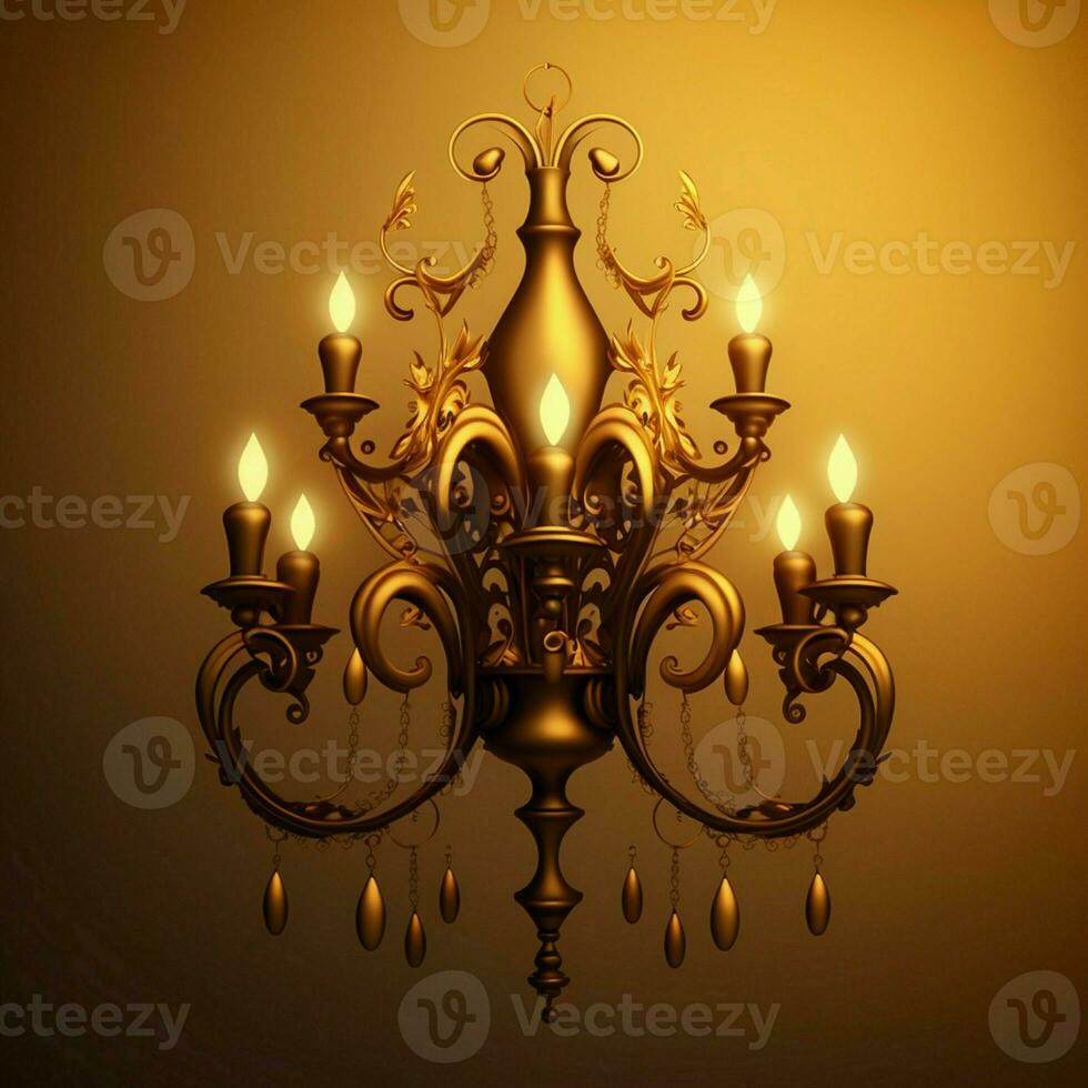 A chandelier with a golden hue, set against a white background with no other objects present. AI Generative photo