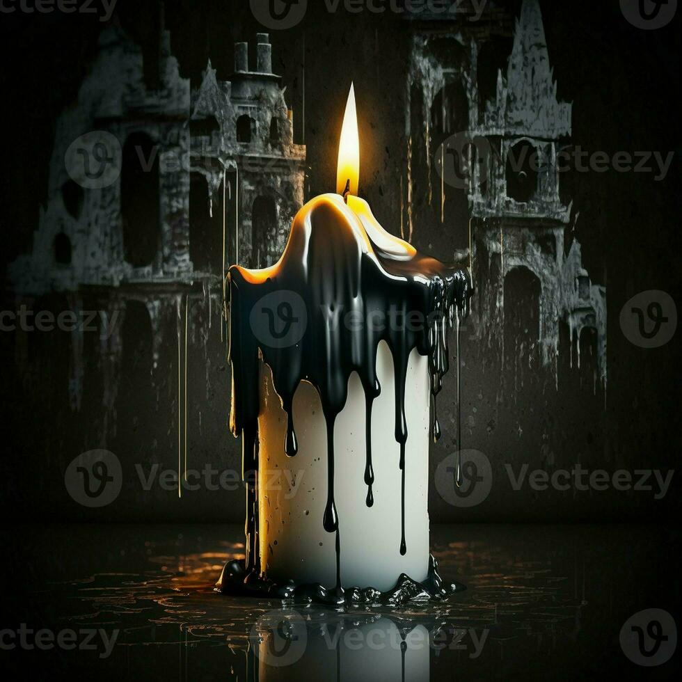 white wax candle burning dripping, flowing in black or dark light fire burn old building background. AI Generative photo