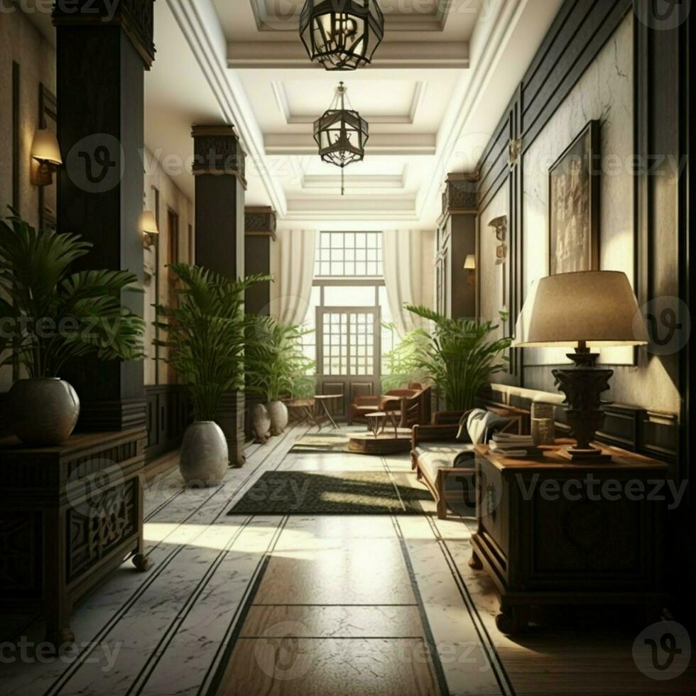 Render of restaurant reception, golden colors, luxury travel vacation guests apartment free time beautiful building interior hallway architecture furniture bright. AI Generative photo