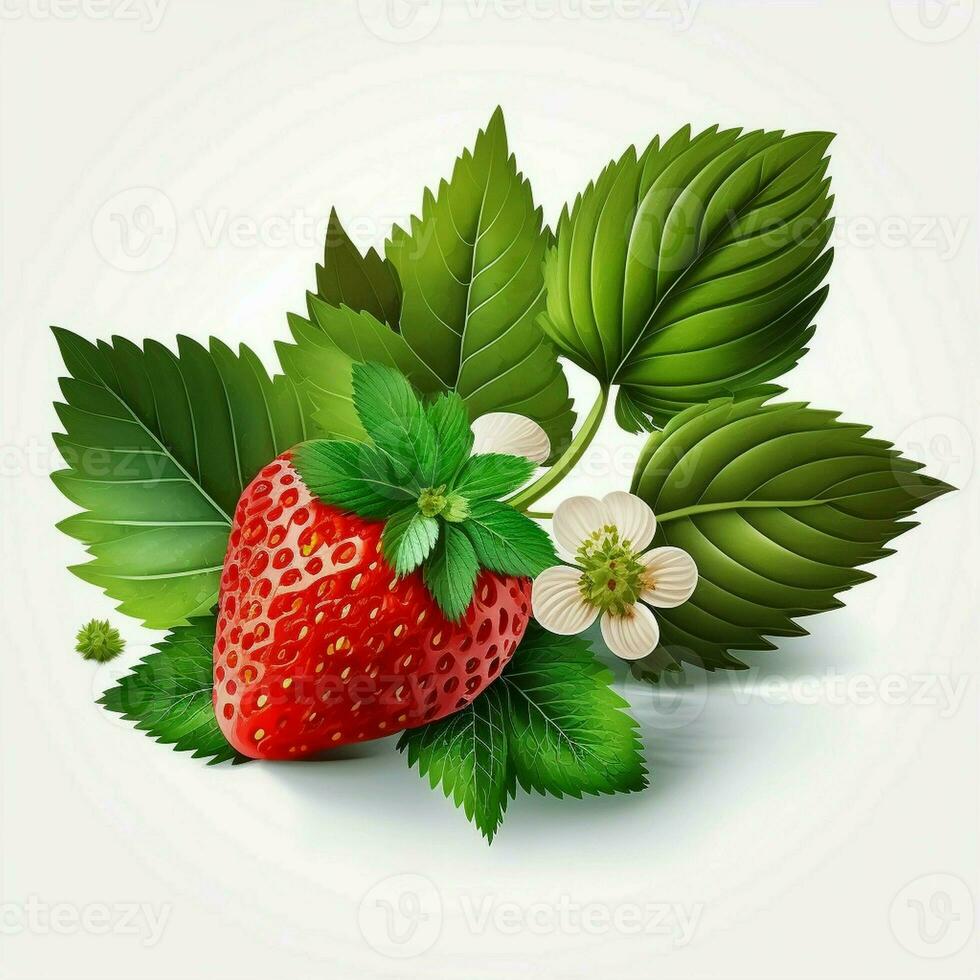Strawberry with leaves white background fruit healthy fresh green leaves red. AI Generative photo