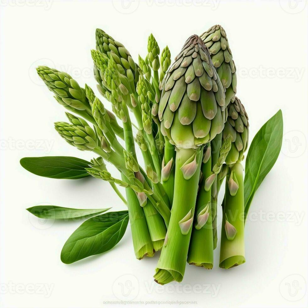 On a white background, there is a bunch of fresh, healthy green asparagus with green leaves attached. AI Generative photo