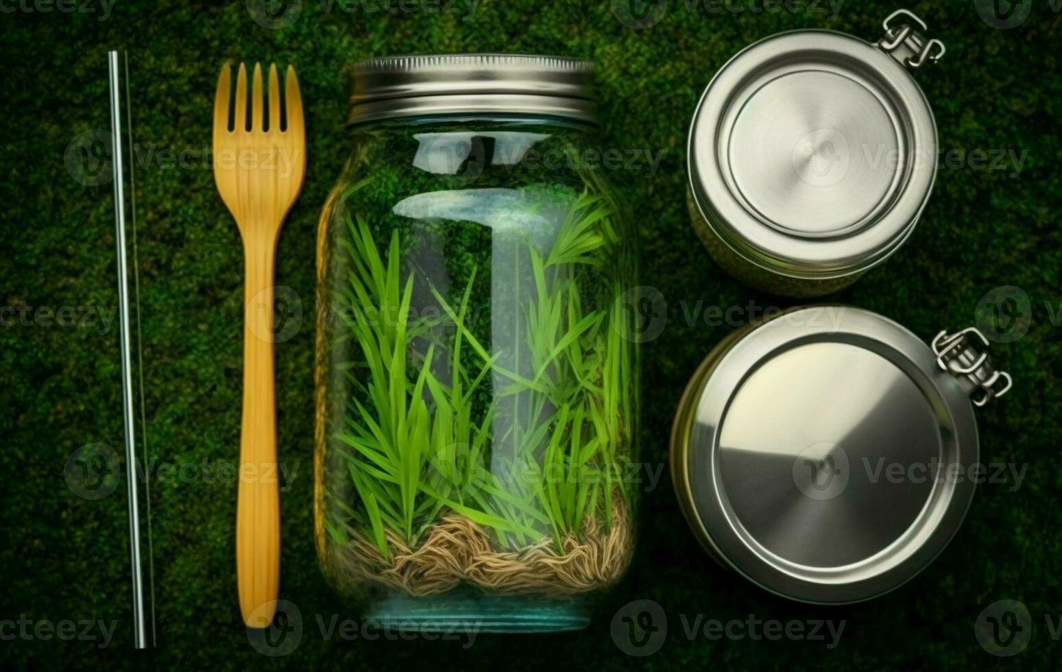 Glass jar, bottle, metal cup, straws for drinking, bamboo cutlery and lunch boxes on green grass, moss background. Top view. Sustainable lifestyle. Zero waste. AI Generative photo