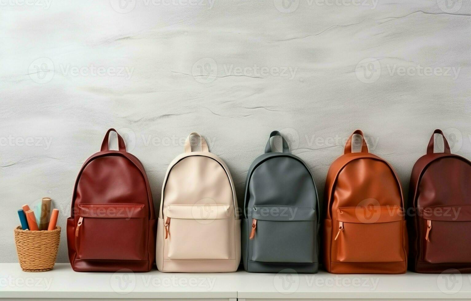 Backpacks and notebooks on a wooden shelf against a white wall banner background. The concept of returning to school. Make a copy of the space. AI Generative photo