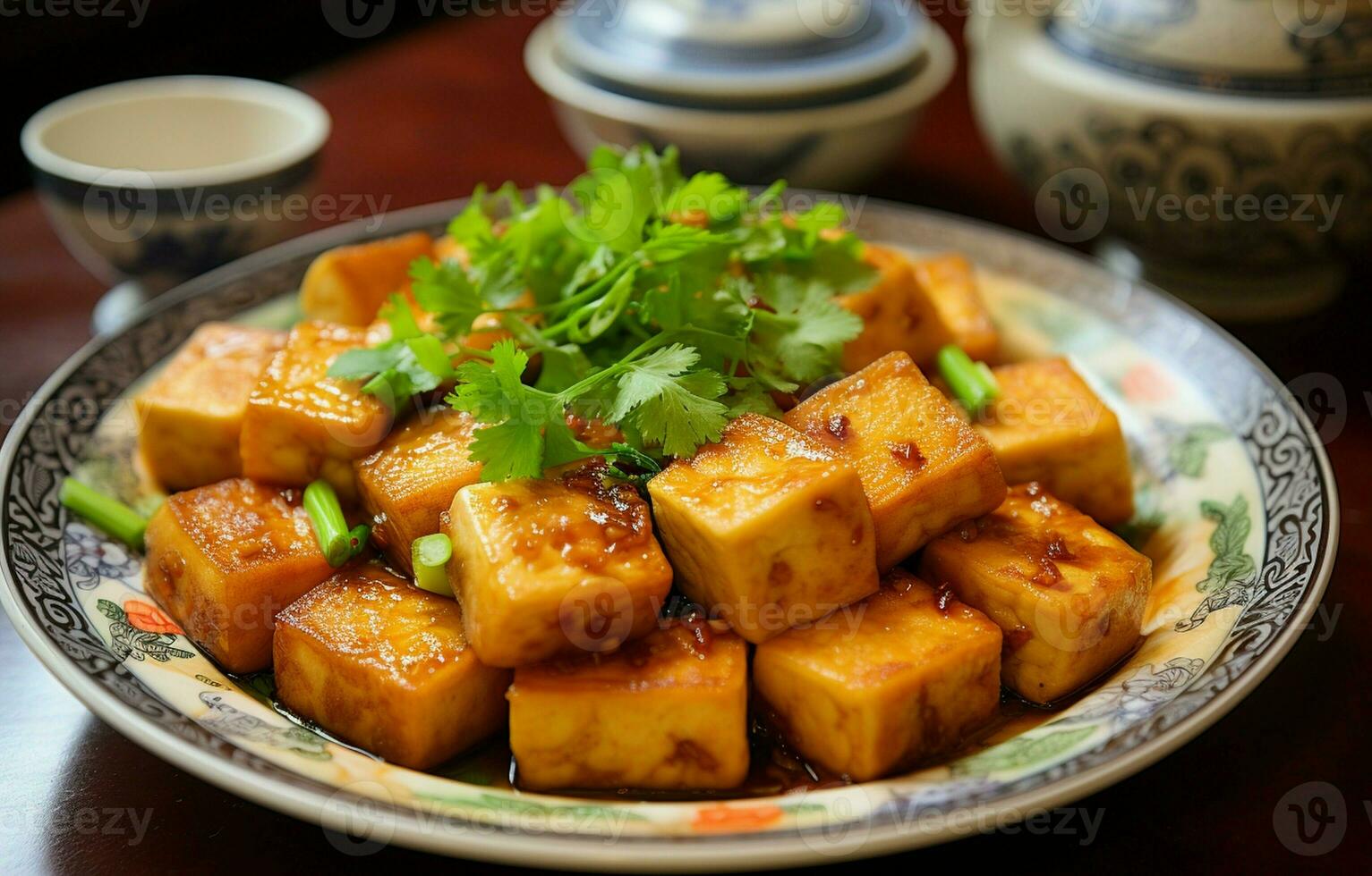 Fried stinky tofu served with pickled vegetables and sauce. Over a dish, served on plastic. AI Generative photo