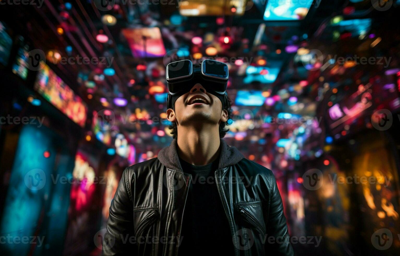 On a gloomy background, a young man is wearing virtual reality glasses. Virtual reality, smartphone use, and notion of future technology. AI Generative photo
