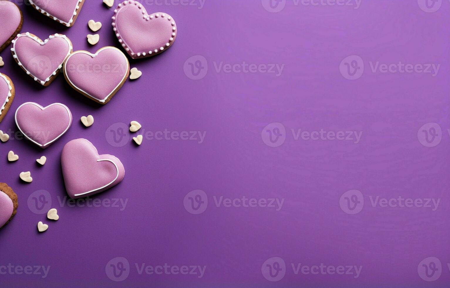 purple background, including one in the shape of a love letter, are surrounded by small hearts. copy space for text or design and represents the concepts of Valentine's Day and romance. AI Generative photo