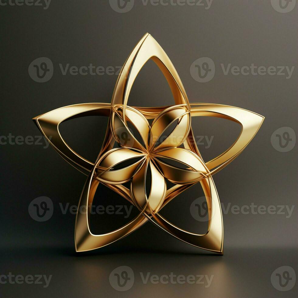 This is a 3D rendered golden geometric shape with a unique design, set against a background. AI Generative photo