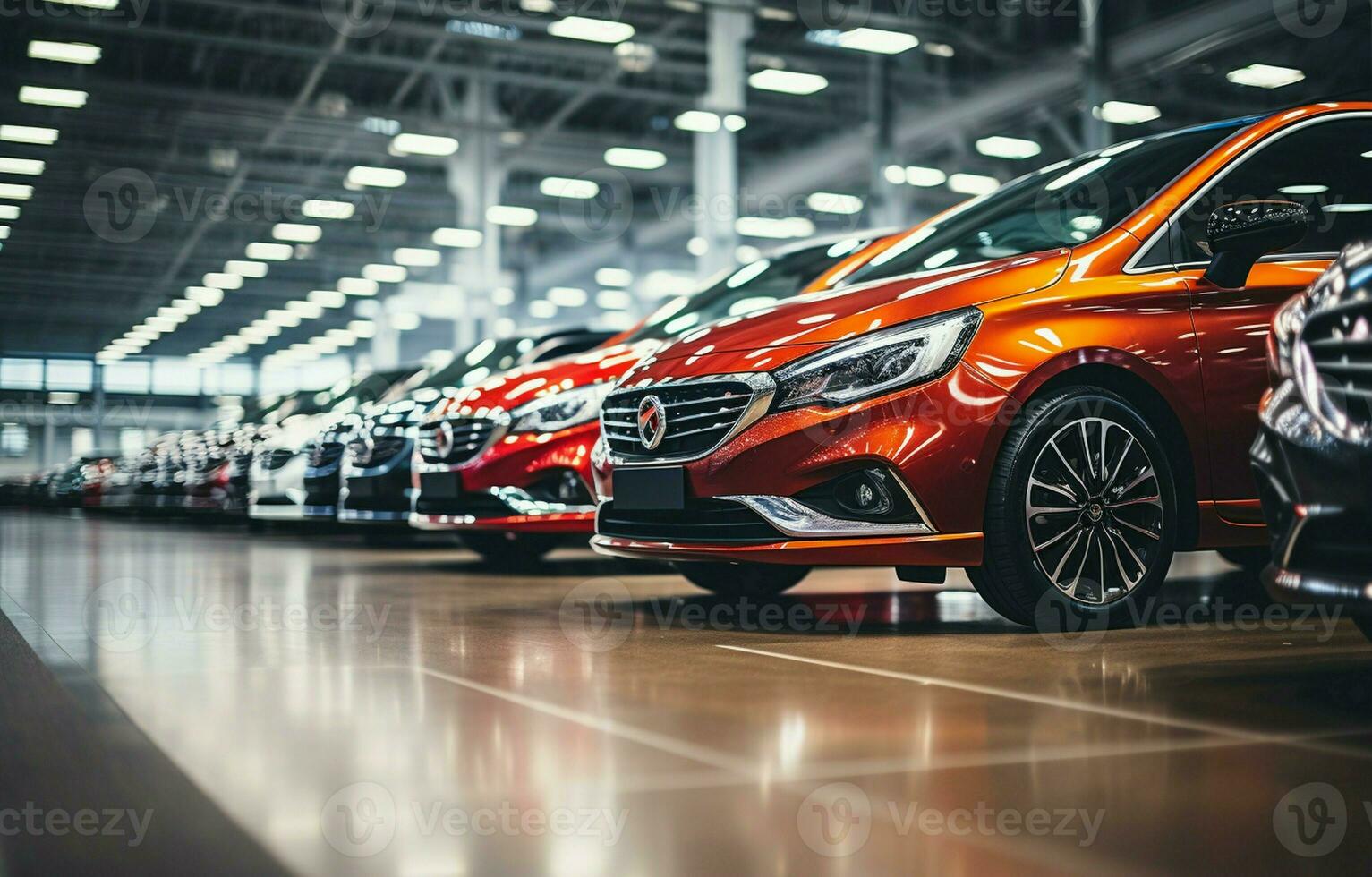 trendy bright auto show A large number of brand-new automobiles are parked in the car dealers' warehouse, which has a contemporary design and mirrors. AI Generative photo