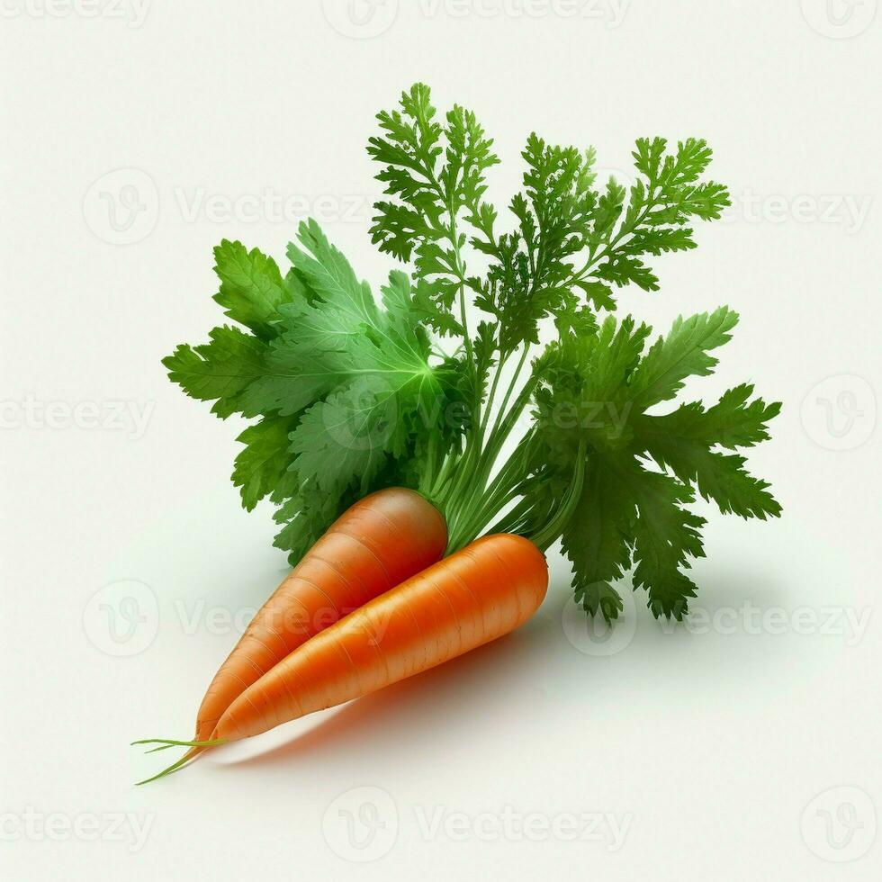 Fresh and healthy carrots with green leaves on a white background. The green leaves add a touch of freshness to these nutritious fruits. AI Generative photo
