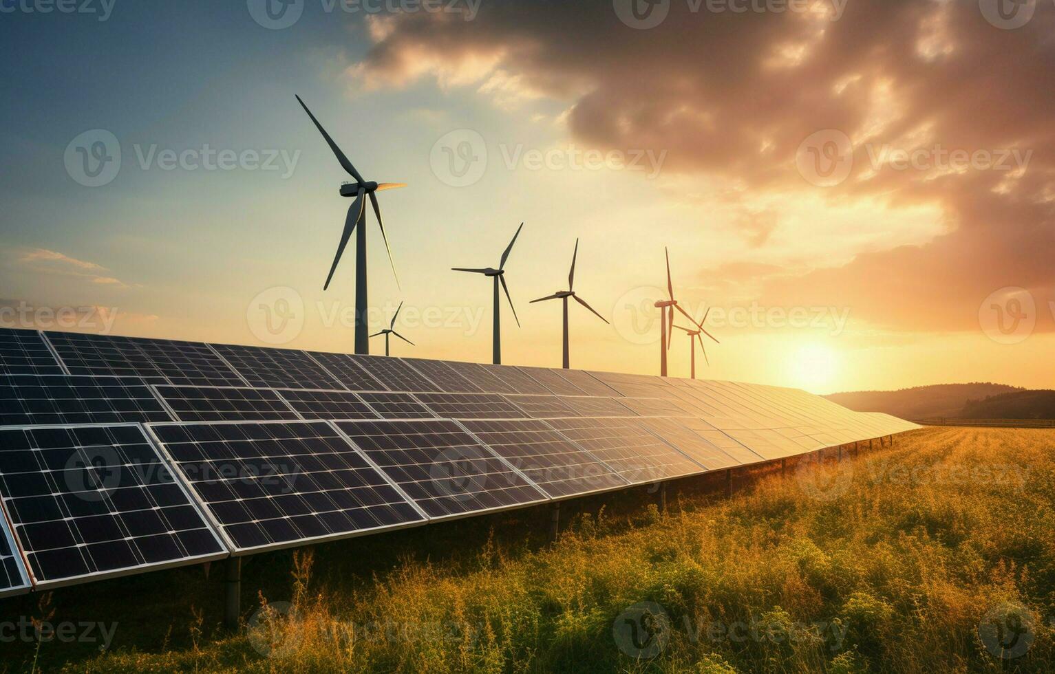 The generation of sustainable green energy using solar energy panel photovoltaic cells and wind turbine farms is a friendly enterprise. Concept of clean, sustainable development. AI Generative photo