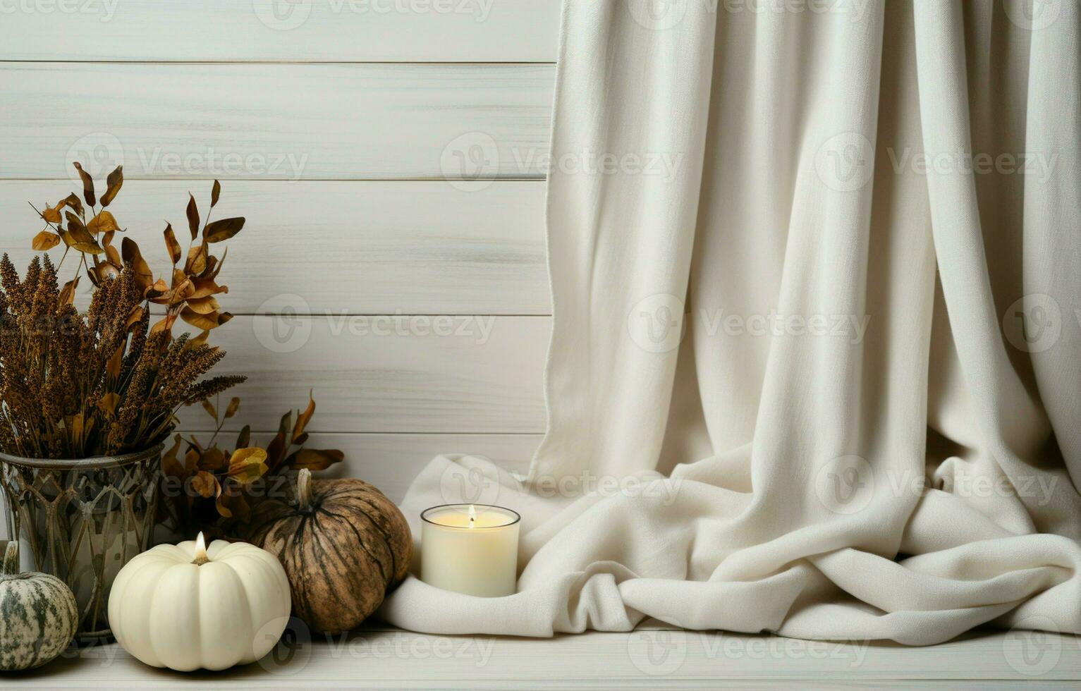 White pumpkins, a sweater, a candle, and natural decor create a cozy fall corner border. Aerial perspective on a rustic white wood banner background. AI Generative photo