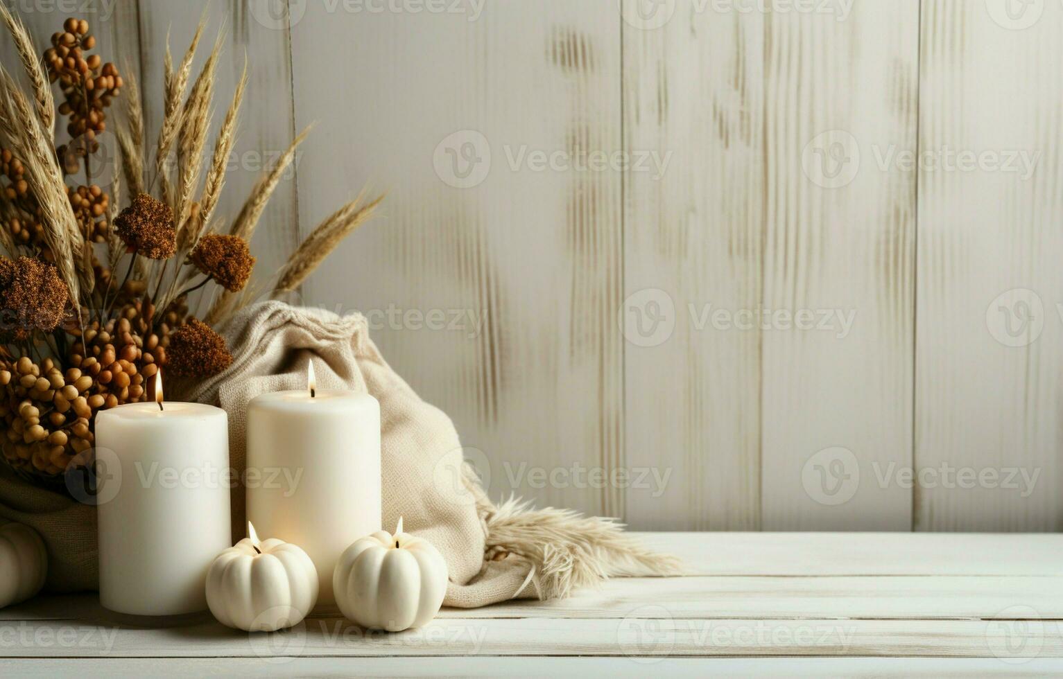 White pumpkins, a sweater, a candle, and natural decor create a cozy fall corner border. Aerial perspective on a rustic white wood banner background. AI Generative photo