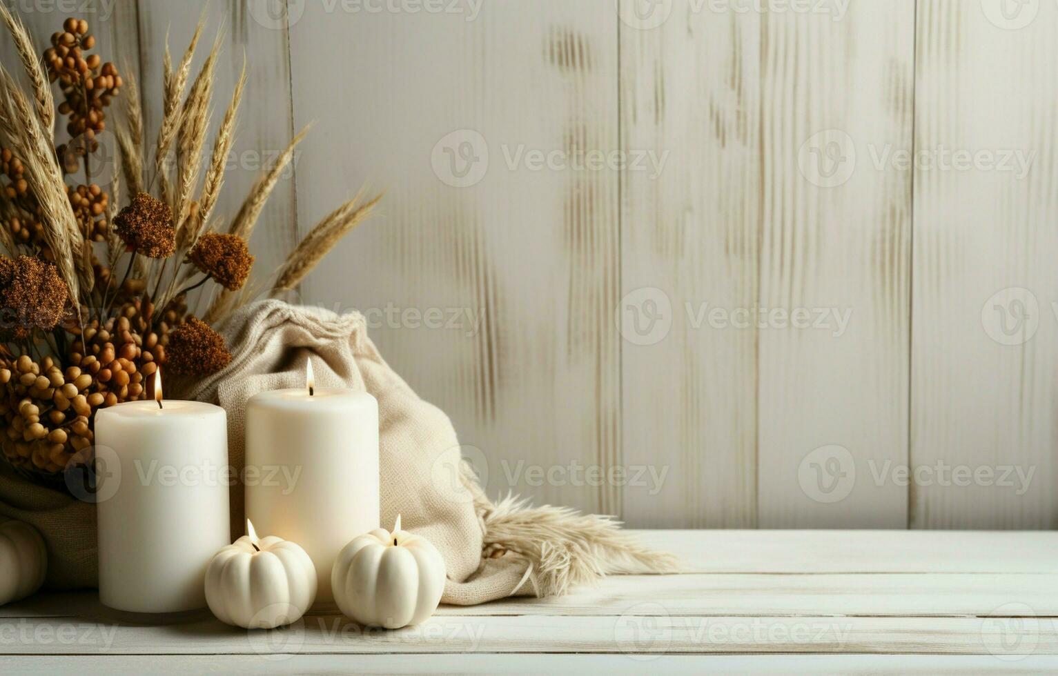 blanco calabazas, un suéter, un vela, y natural decoración crear un acogedor otoño esquina borde. aéreo perspectiva en un rústico blanco madera bandera antecedentes. ai generativo foto