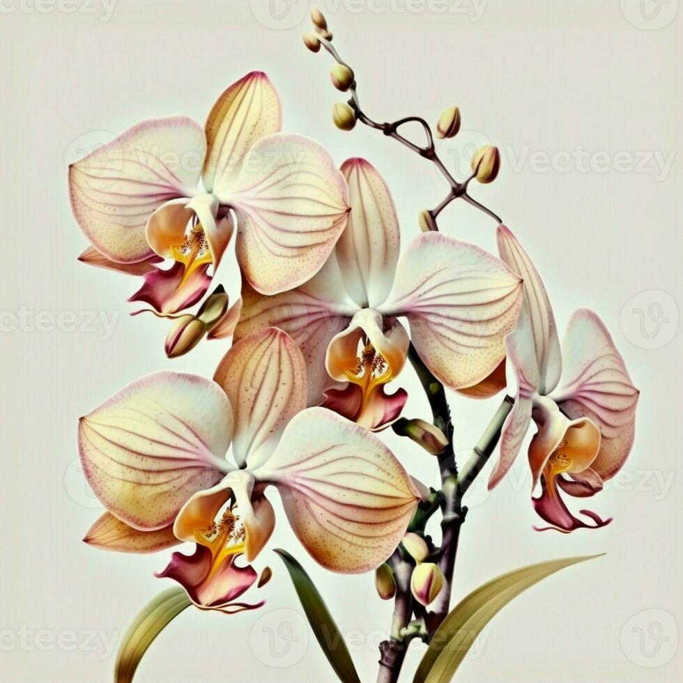 There is a beautiful orchid set against a white background. AI Generative photo