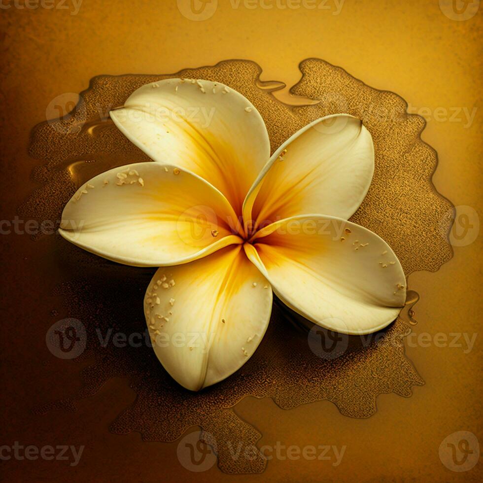 Single frangipani in scented water with gold color background. AI Generative photo