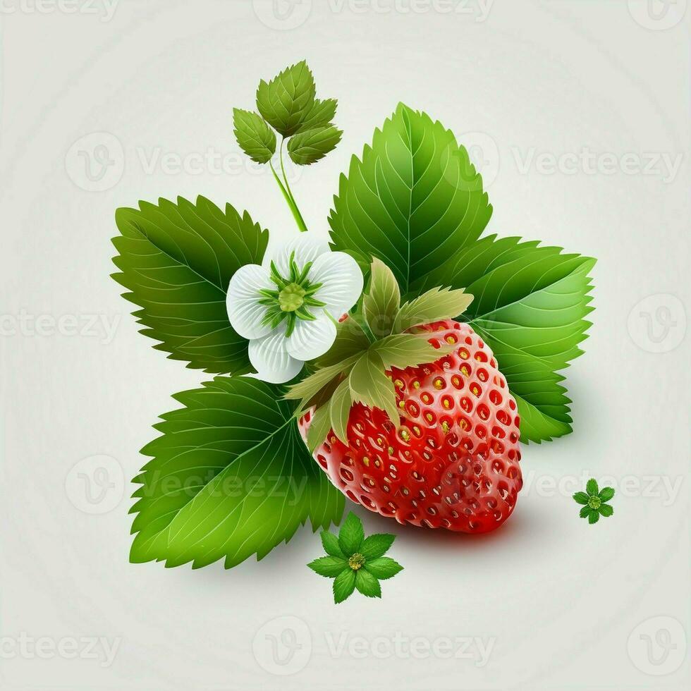 Strawberry with leaves white background fruit healthy fresh green leaves red. AI Generative photo