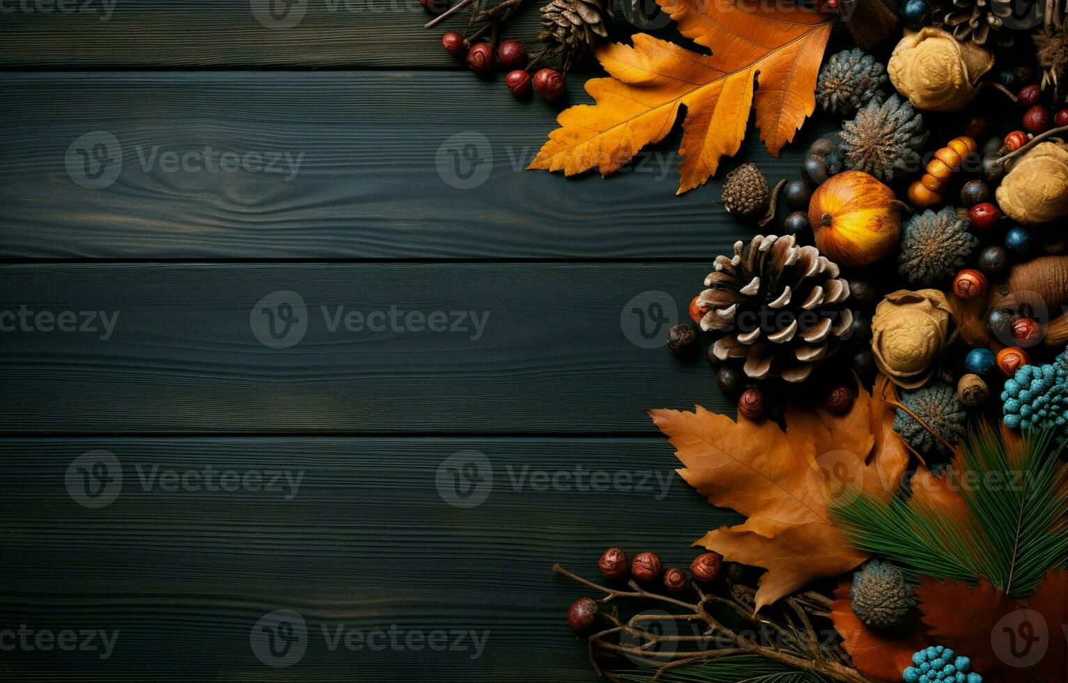 Colorful fall leaves, nuts and pine cones. Corner border over a rustic dark background. Copy space. AI Generative photo