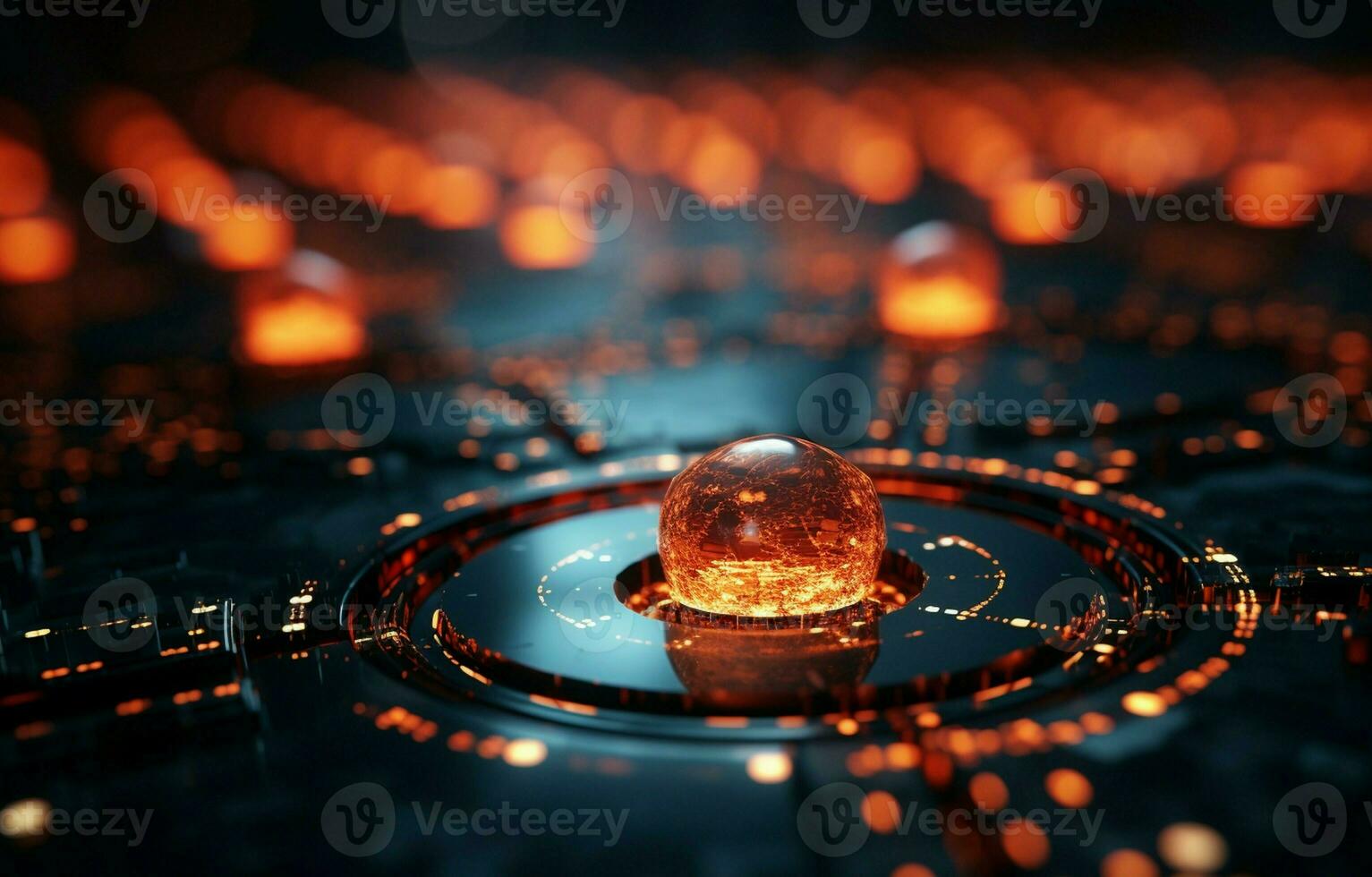 Science fiction background with glowing particles in 3D rendering with bokeh and depth of field. Particles create surface grids and lines. space or the microcosm. AI Generative photo