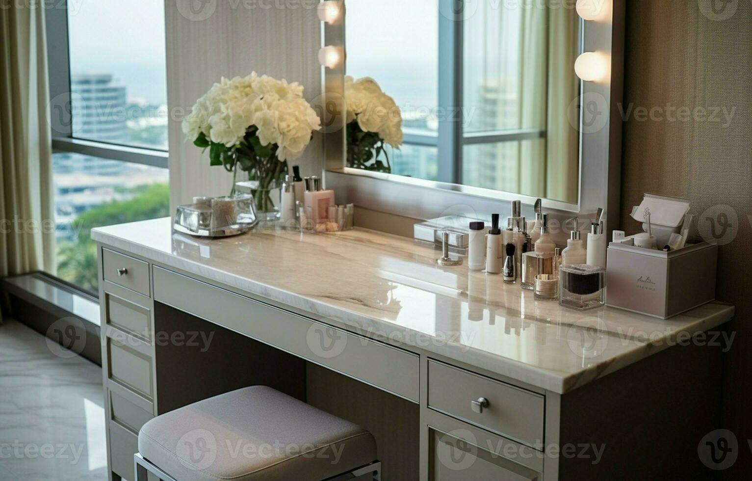 There are cosmetics and a mirror on the dressing table located in the bathroom. AI Generative photo