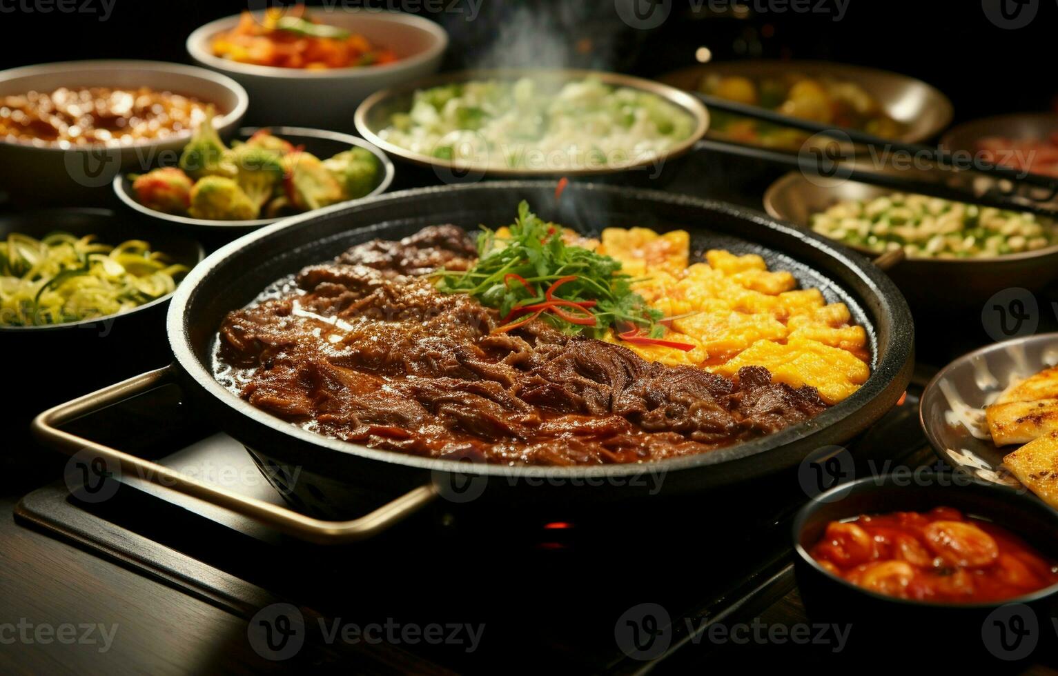 Various side dishes and galbi soup in a hot pot. AI Generative photo