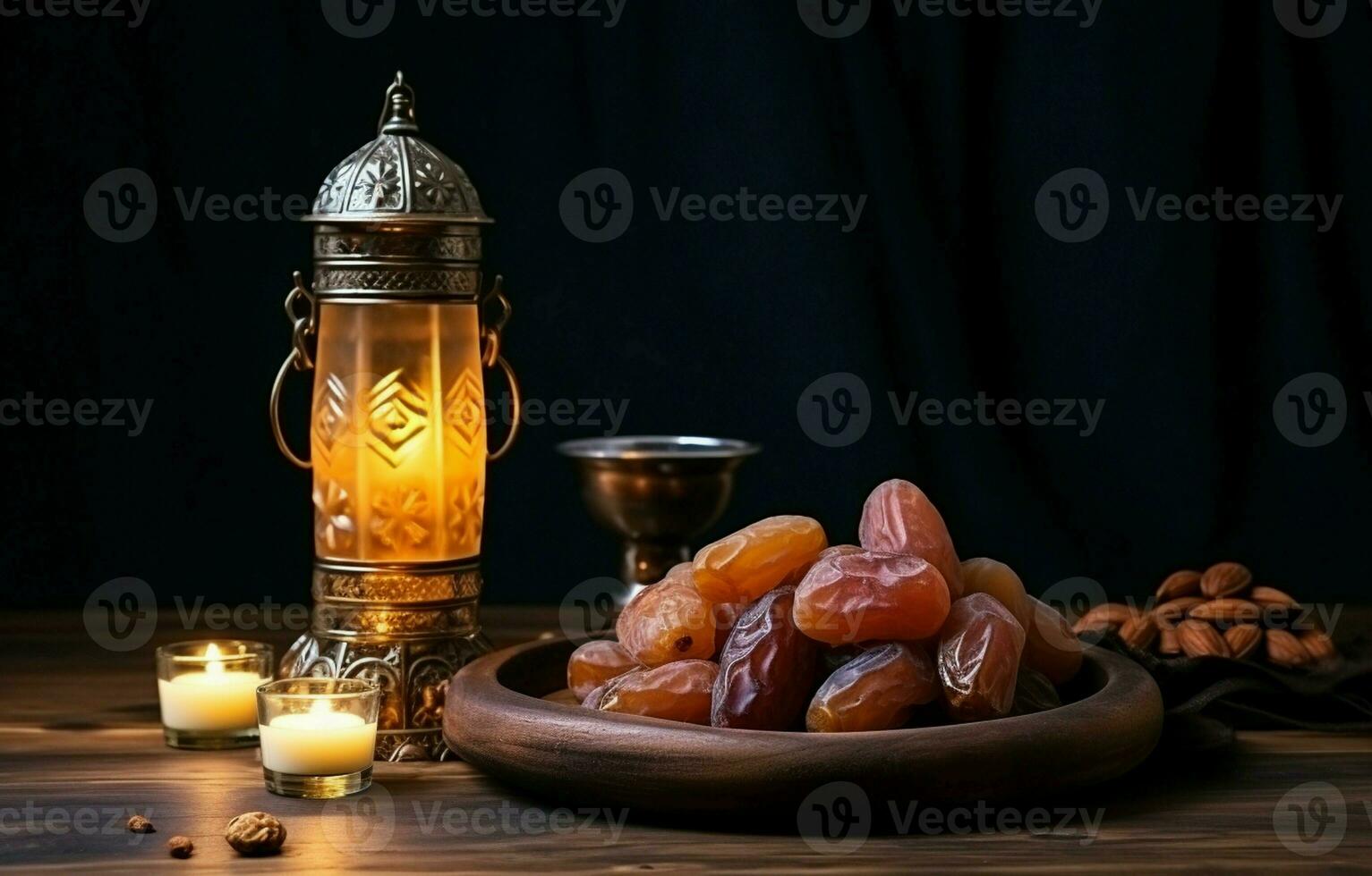 mesa imagen de Ramadán kareem decoración, fechas fruta, Aladino lámpara, y rosario rosario en oscuro Roca antecedentes. Copiar espacio en un plano poner. ai generativo foto