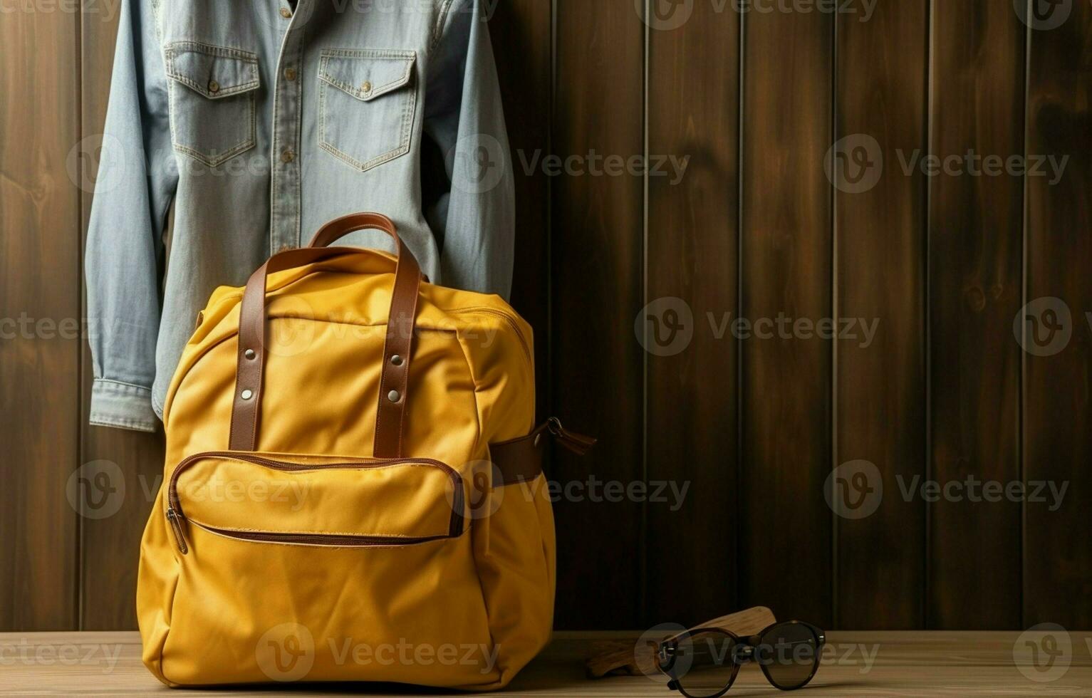 On a wooden background, a close-up of a bag with a passport and packed clothes. The concept of travel and vacation. AI Generative photo