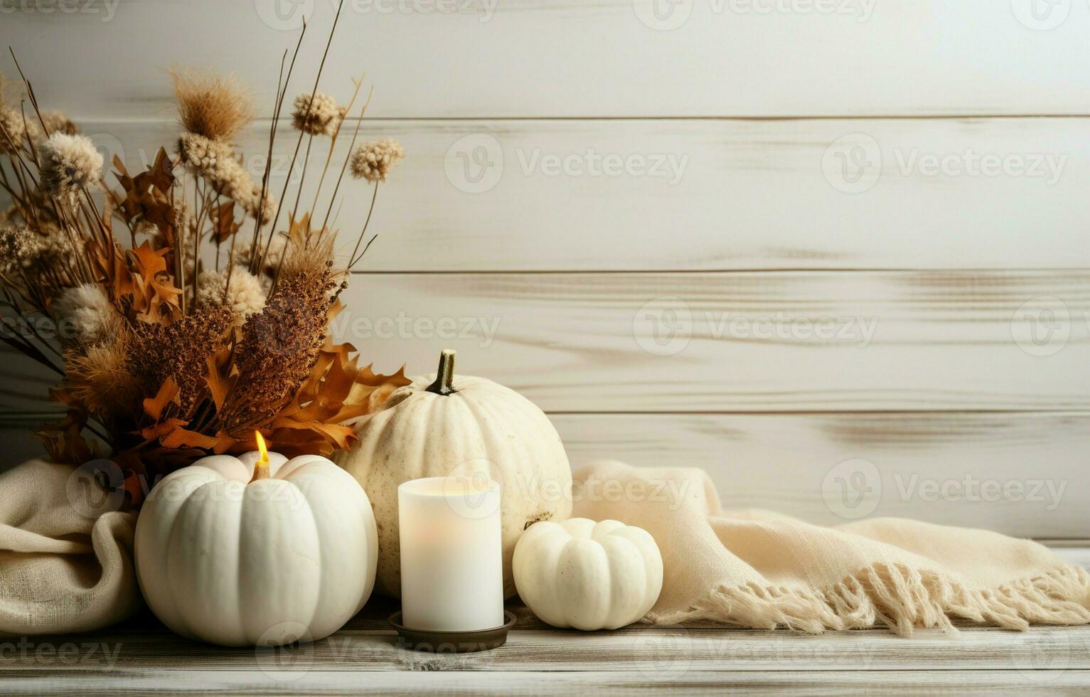 White pumpkins, a sweater, a candle, and natural decor create a cozy fall corner border. Aerial perspective on a rustic white wood banner background. AI Generative photo