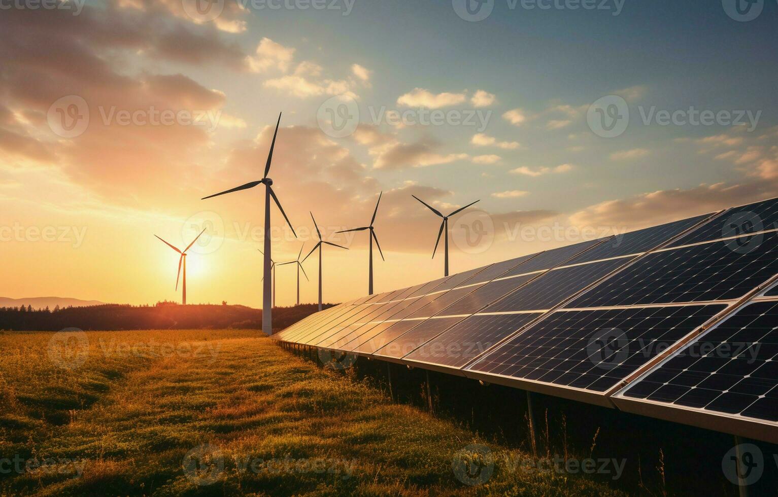 The generation of sustainable green energy using solar energy panel photovoltaic cells and wind turbine farms is a friendly enterprise. Concept of clean, sustainable development. AI Generative photo