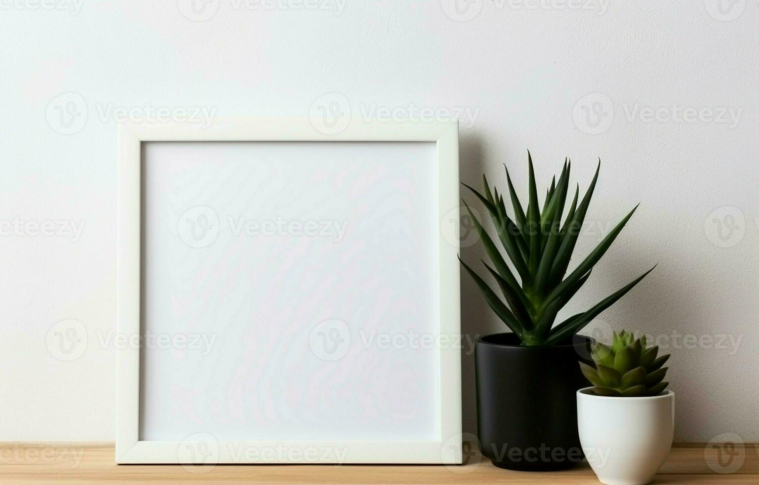 Create a mockup of a black square frame with home decor and potted plants. The shelf and the wall are both white. Copy space. AI Generative photo