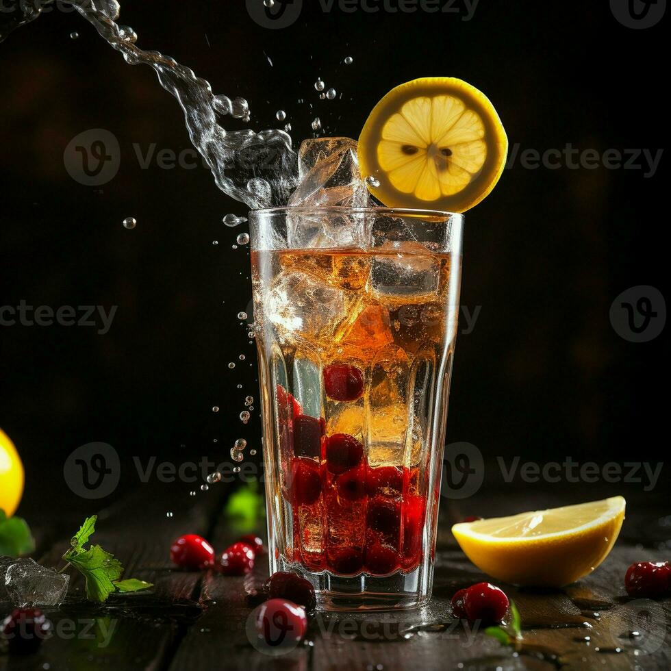 Tea with cranberries and lemon. Lemon and cranberries are dropped into the glass. Spray. AI Generative photo