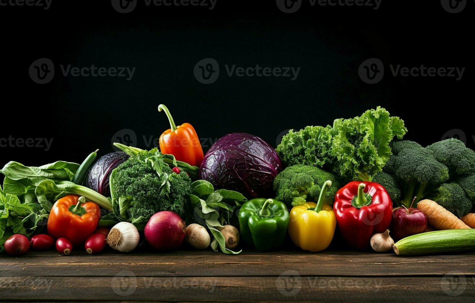 On the left side of the table, with copy space, is a balanced arrangement of vibrantly colored, perfectly ripe fruits and vegetables. AI Generative photo