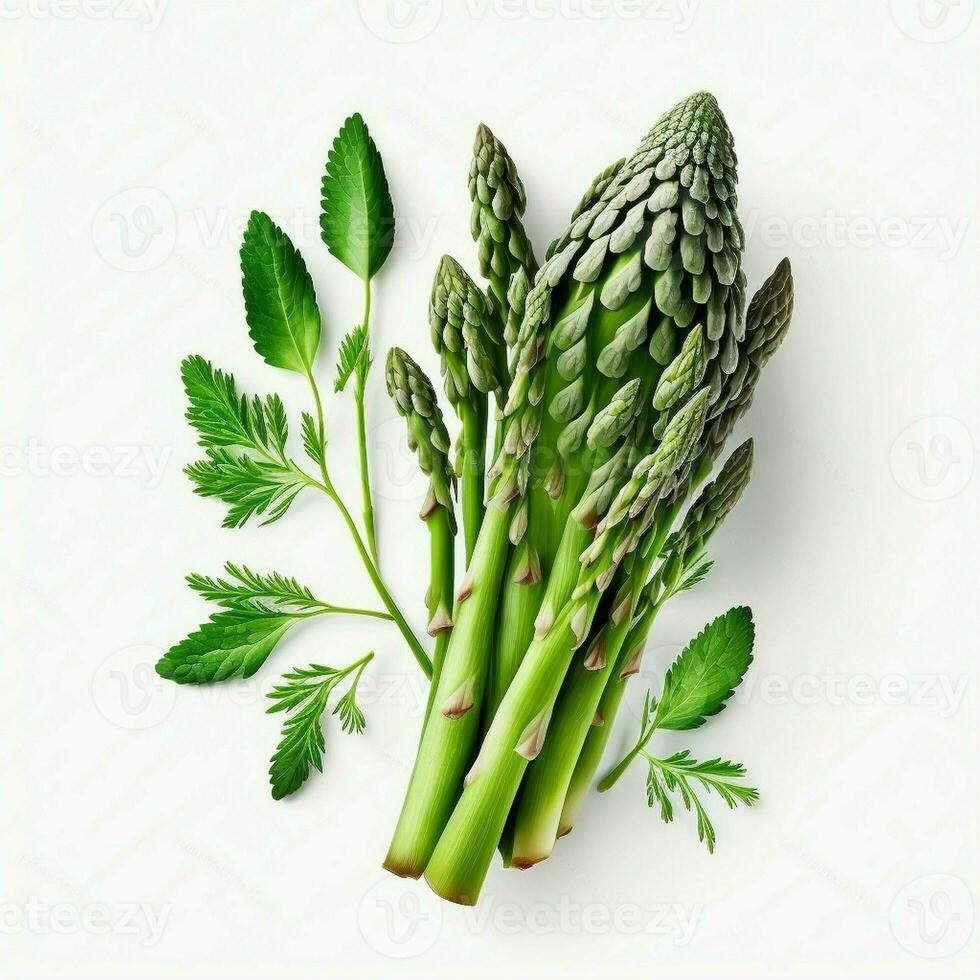 On a white background, there is a bunch of fresh, healthy green asparagus with green leaves attached. AI Generative photo