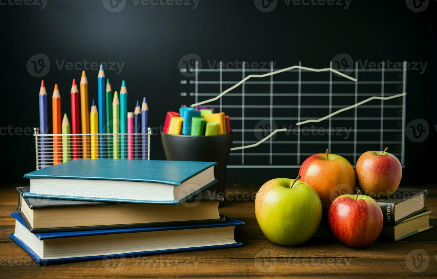 Books on the table against a backdrop of chalkboard graphs and charts depicting growth and fall. School of business education. AI Generative photo