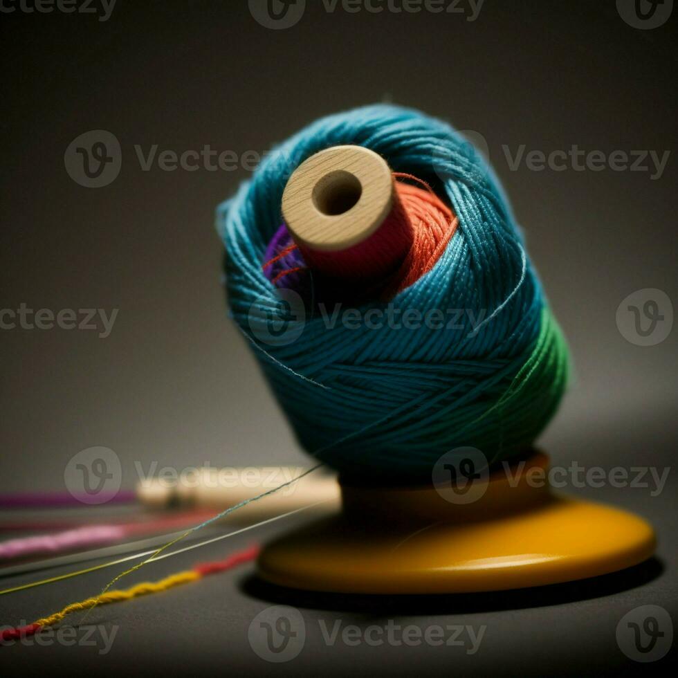 Thread and needle close-up view color yarn, dexterity, handicraft sewing, bobbin, spinning. AI Generative photo