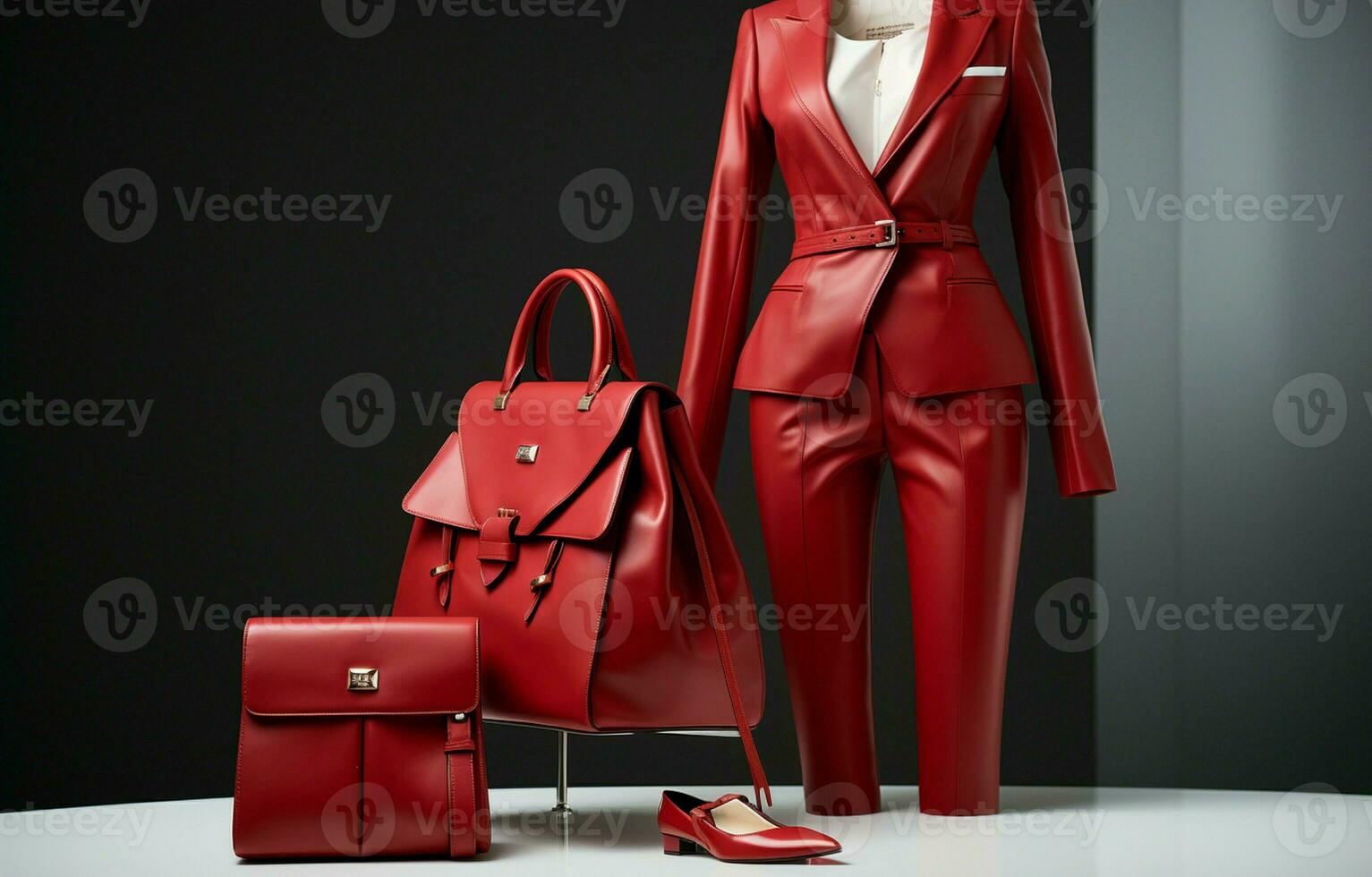 Modern woman's attire consisting of a red jacket, trousers, and a white geometric bag. AI Generative photo